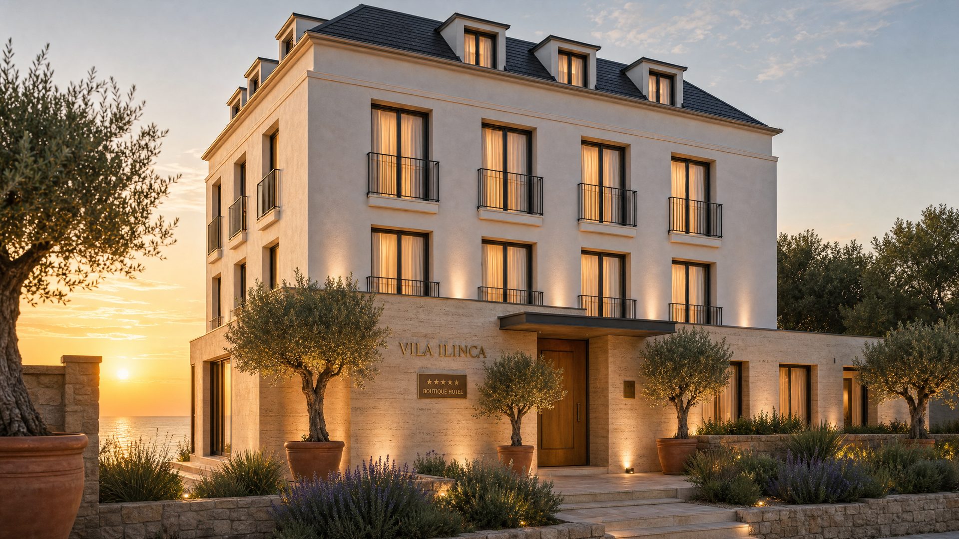 Render — front facade at golden hour with Vila Ilinca signage