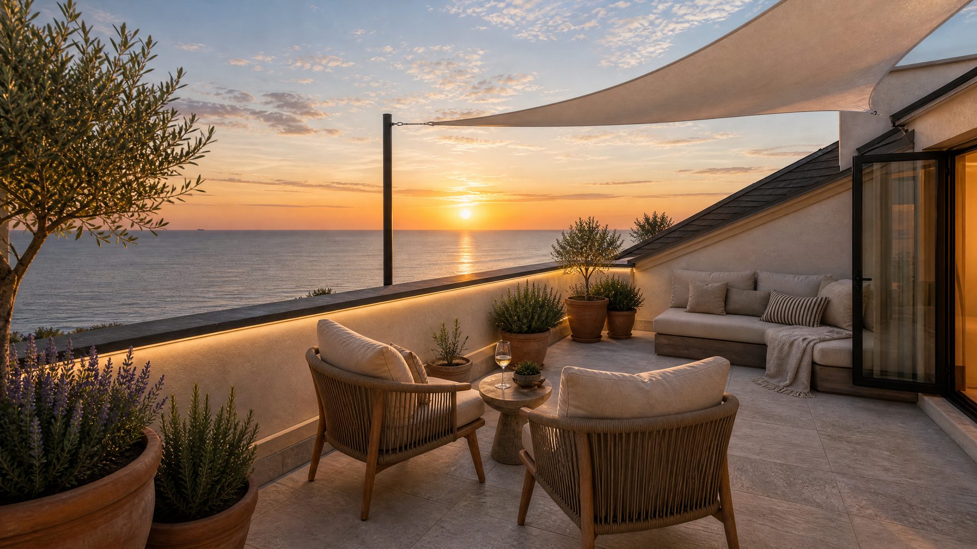 Render — rooftop terrace lounge at sunset over the Black Sea