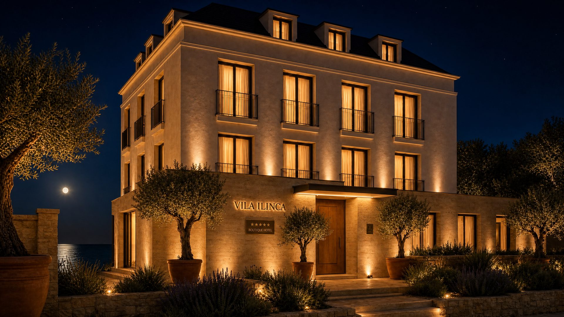 Render — night view with architectural uplighting and moonlight over the sea