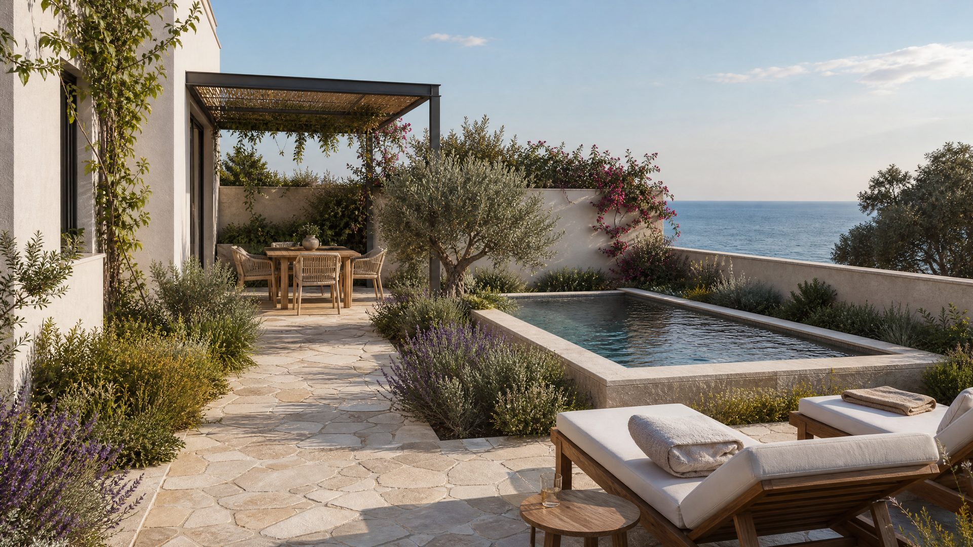 Render — garden terrace with plunge pool and Mediterranean planting