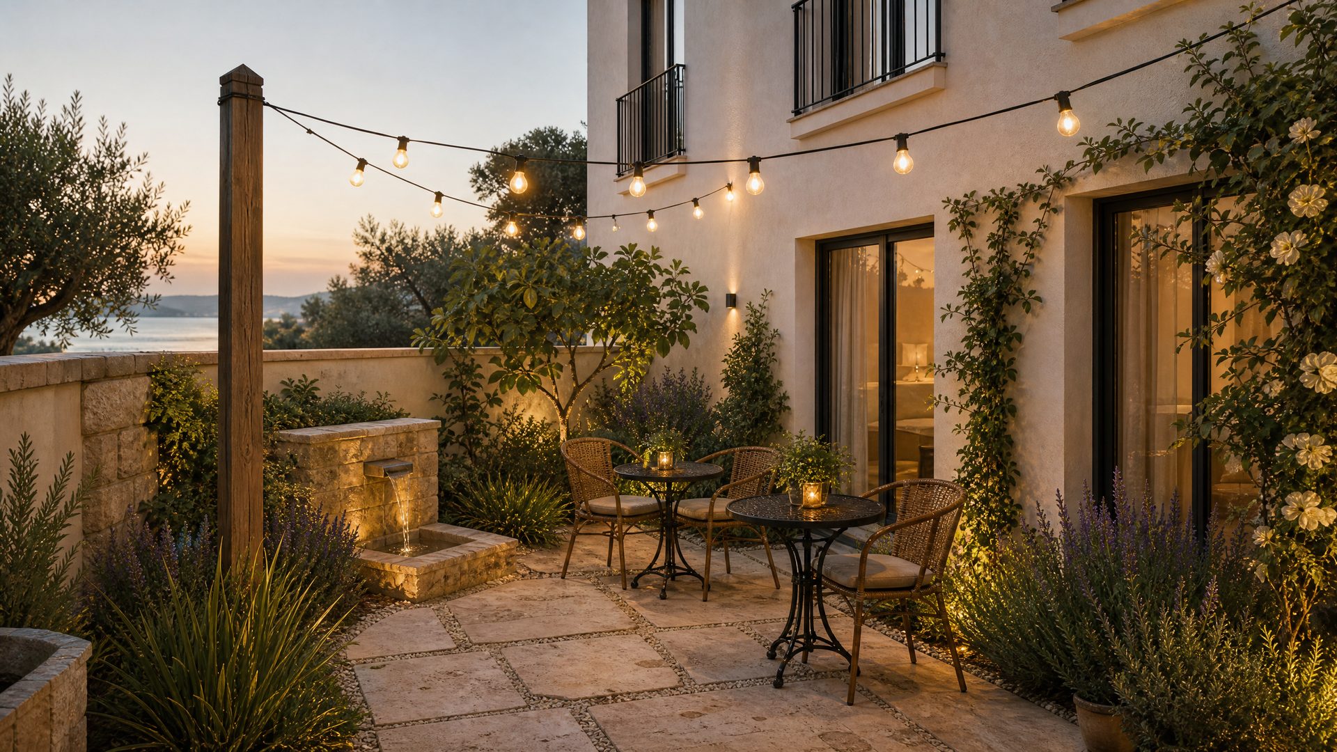 Render — courtyard with Edison string lights and bistro tables