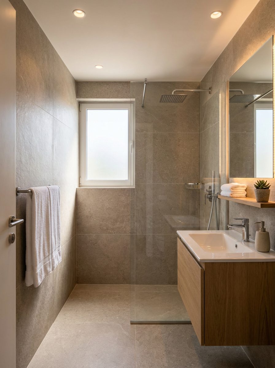 Render — en-suite bathroom with rainfall shower and oak vanity