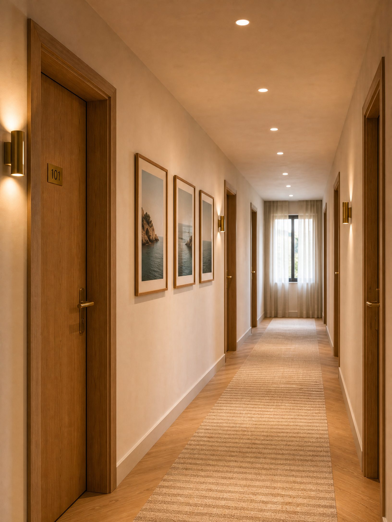 Render — guest corridor with oak doors and brass room numbers