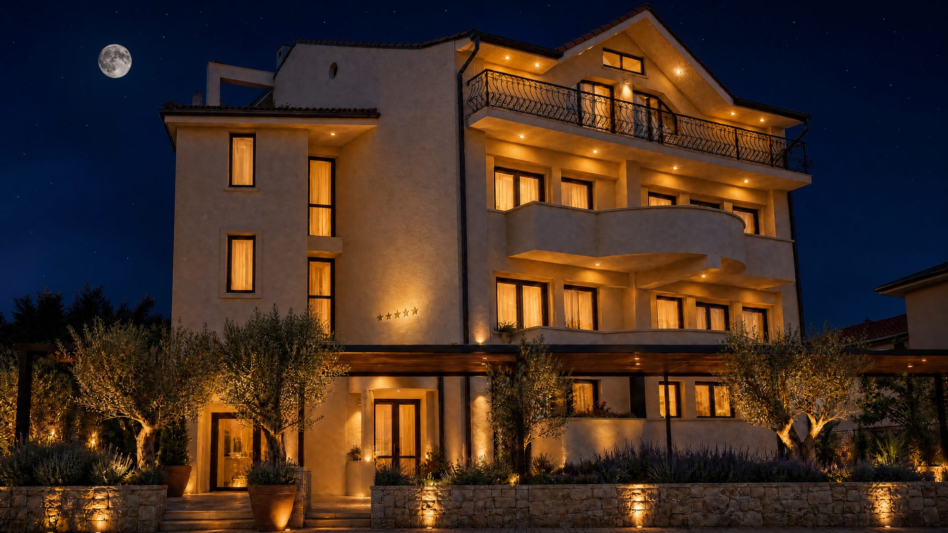 Render — night view with architectural uplighting