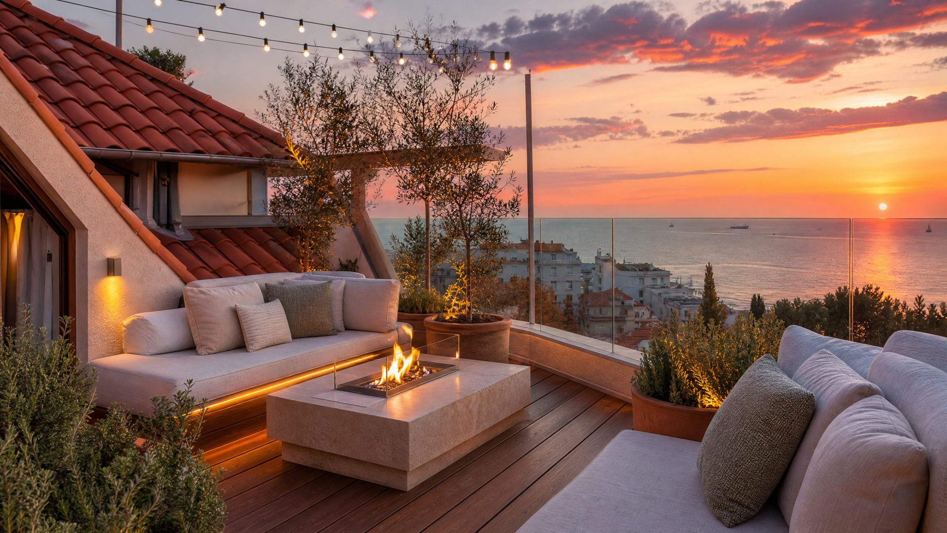 Render — rooftop sunset lounge overlooking the Black Sea